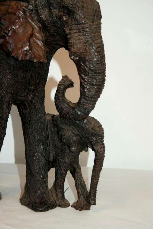 Absolutely stunning and beautifully carved large solid ironwood African elephant w/ her calf carving