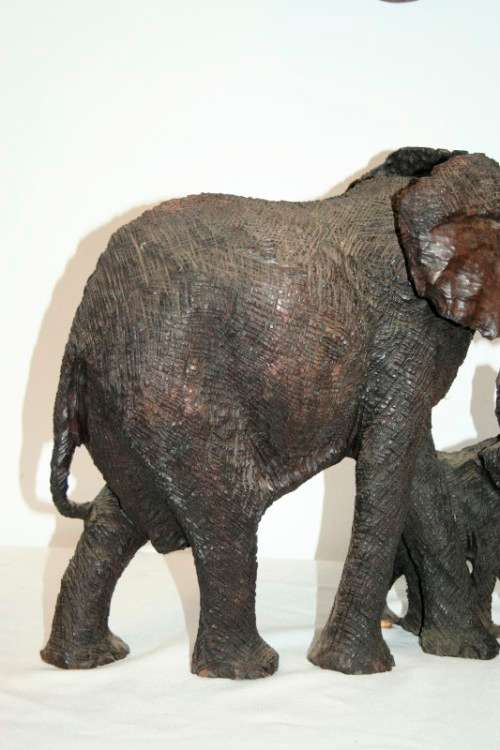 Absolutely stunning and beautifully carved large solid ironwood African elephant w/ her calf carving
