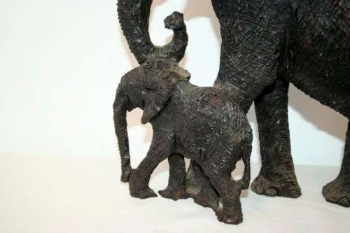 Absolutely stunning and beautifully carved large solid ironwood African elephant w/ her calf carving