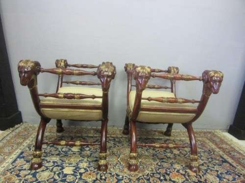 Two incredible rare vintage Empire parcel gilt curule chairs w/ ram's-head detailing - price/ chair