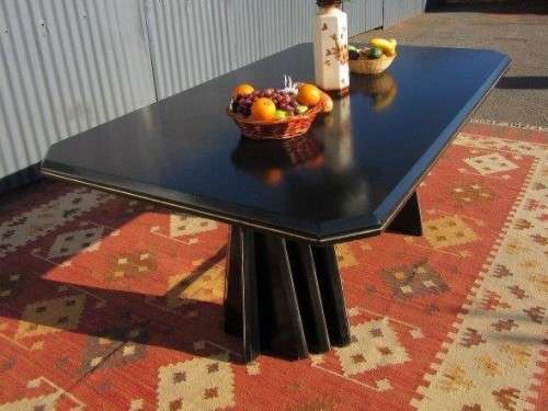 A stunning large retro 8-seater dining table in a gloss black & finished with gold trim - RS17Sale