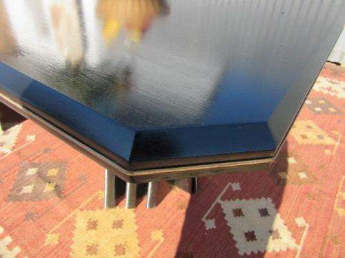 A stunning large retro 8-seater dining table in a gloss black & finished with gold trim - RS17Sale