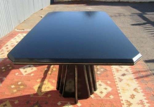 A stunning large retro 8-seater dining table in a gloss black & finished with gold trim - RS17Sale