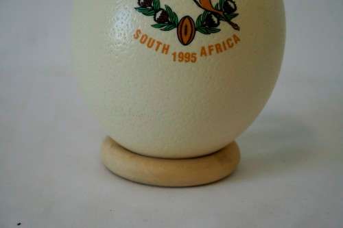 **RS17** An awesome "1995 Rugby World Cup" commemorative ostrich egg on a wooden ring display stand