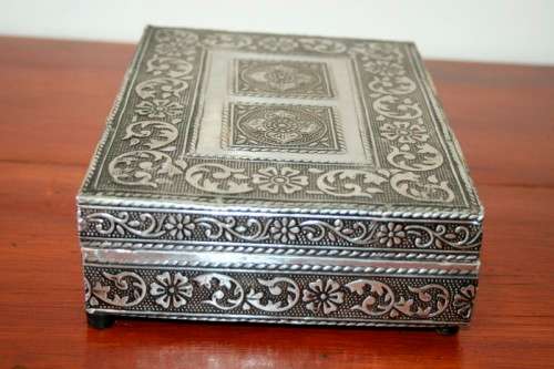 A stunning and exquisitely detailed embossed Indian made silver metal storage/ jewellery box