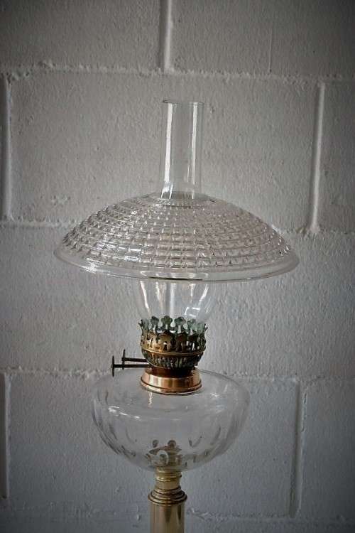 **RS17_Clearance** Antique "Duplex" Metalix double-wick brass table Kerosene lamp with crystal bowl