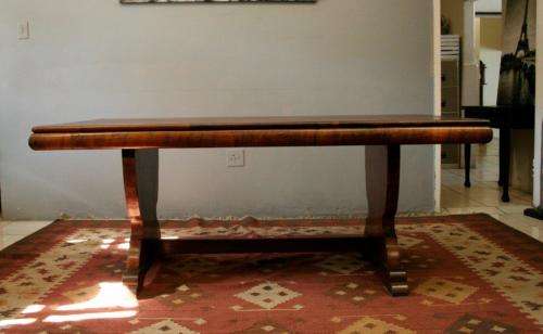An awesome vintage 6-seater dining room suite w/ a solid table and six upholstered dining chairs