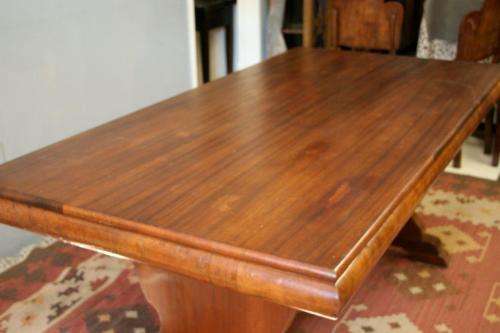 An awesome vintage 6-seater dining room suite w/ a solid table and six upholstered dining chairs