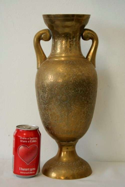 A gorgeous tall solid brass Indian made urn vase with beautiful hand chased floral detailing