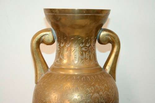 A gorgeous tall solid brass Indian made urn vase with beautiful hand chased floral detailing