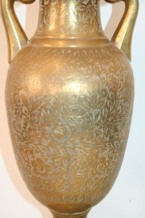A gorgeous tall solid brass Indian made urn vase with beautiful hand chased floral detailing