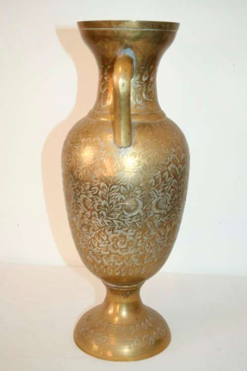 A gorgeous tall solid brass Indian made urn vase with beautiful hand chased floral detailing