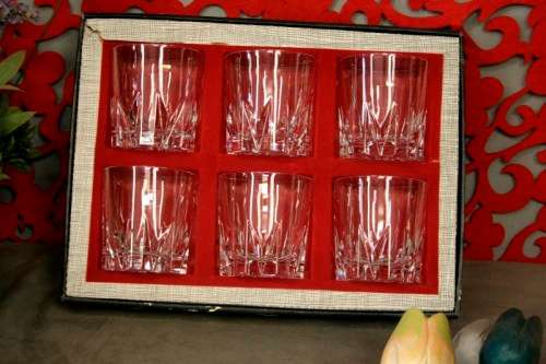 A set of six exquisite vintage French "Cristal D'Arques" "Cheverny" cut crystal whiskey glasses