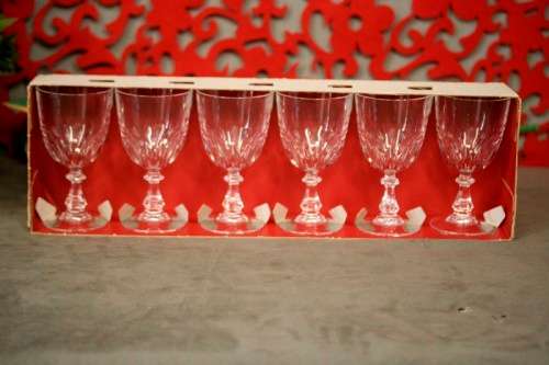 A boxed set of 6x vintage French made "Cristal D'Arques" Luxembourg cut crystal white wine glasses