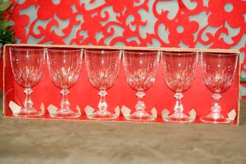 A boxed set of 6x vintage French made "Cristal D'Arques" Luxembourg cut crystal white wine glasses