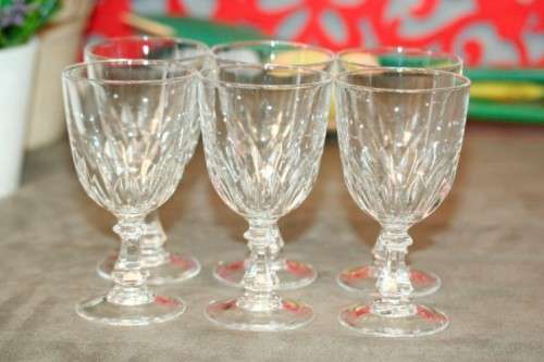 A stunning set of 6 vintage French made Cristal D'Arques Luxembourg cut crystal dessert wine glasses