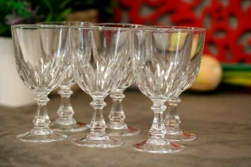 A stunning set of 6 vintage French made Cristal D'Arques Luxembourg cut crystal dessert wine glasses