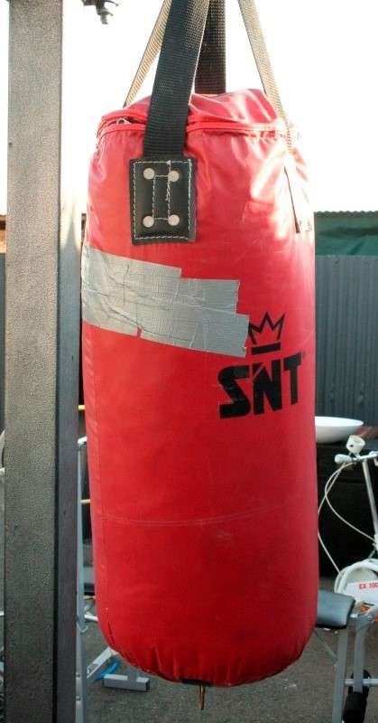 A well made steel boxing stand with a "SNT" punching bag and an "Everlast" speed bag = for home use!