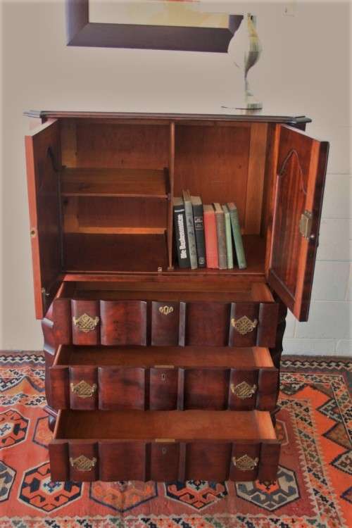 A beautiful vintage ball and claw "Tallboy" multi-purpose cabinet with 3 drawers and scalloped edges