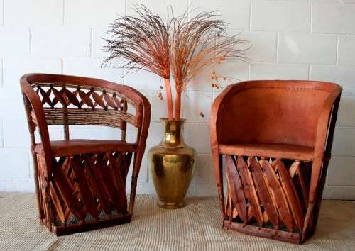 Incredible unique Mexican handmade "Equipale" Ecstaca wood and pigskin barrel chairs - price/chair