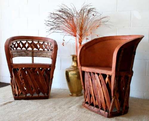 Incredible unique Mexican handmade "Equipale" Ecstaca wood and pigskin barrel chairs - price/chair