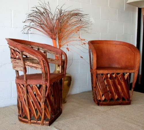 Incredible unique Mexican handmade "Equipale" Ecstaca wood and pigskin barrel chairs - price/chair