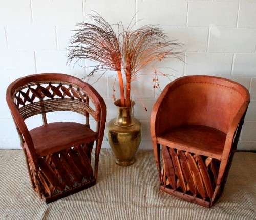 Incredible unique Mexican handmade "Equipale" Ecstaca wood and pigskin barrel chairs - price/chair