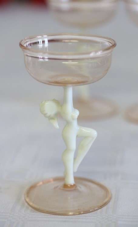 A spectacular antique Art Deco Bimini & Lauscha lampwork decanter set with milk glass "nude" stems