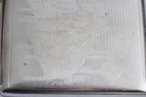 An awesome vintage "Retro" chrome plated cigarette holder with the map of Southern Africa pre 1975