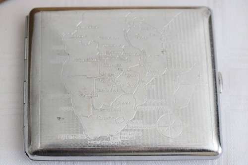 An awesome vintage "Retro" chrome plated cigarette holder with the map of Southern Africa pre 1975