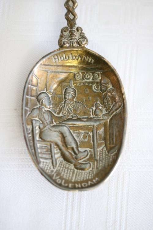 **RS17** Rare antique German made brass plated pewter figural spoon w/ a traditional Dutch pub scene