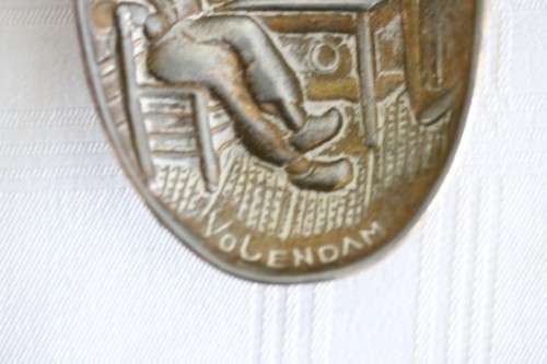 **RS17** Rare antique German made brass plated pewter figural spoon w/ a traditional Dutch pub scene