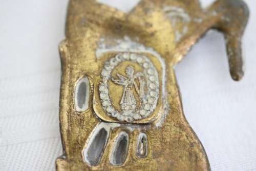 **RS17** Rare antique German made brass plated pewter figural spoon w/ a traditional Dutch pub scene