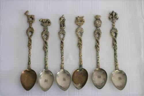 A very rare antique ornate Alpak of Italy silver plated (on brass) teaspoon set with different decal