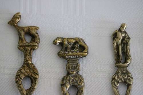 A very rare antique ornate Alpak of Italy silver plated (on brass) teaspoon set with different decal
