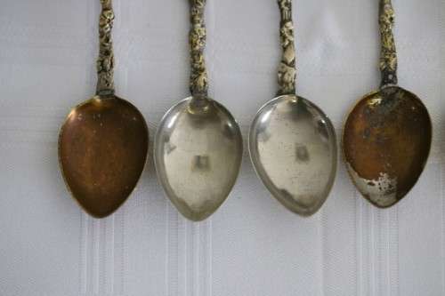 A very rare antique ornate Alpak of Italy silver plated (on brass) teaspoon set with different decal