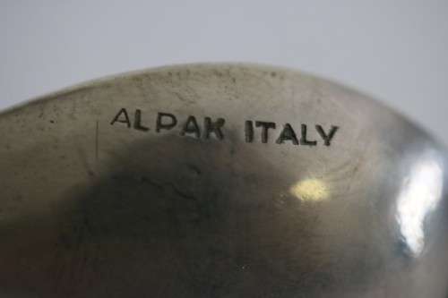 A very rare antique ornate Alpak of Italy silver plated (on brass) teaspoon set with different decal