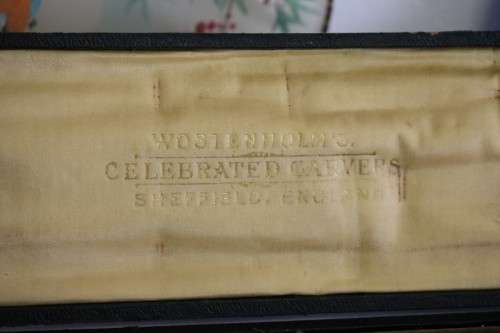 A stunning antique British made Wostenholm's "Celebrated Carver" boxed carving knife, fork & steel