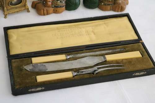 A stunning antique British made Wostenholm's "Celebrated Carver" boxed carving knife, fork & steel