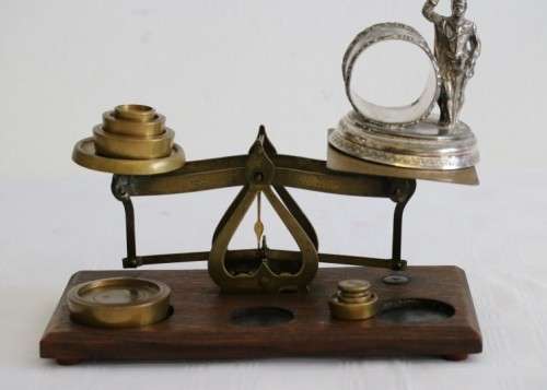 A rare antique British made Victorian brass postal scale w/ solid brass weights in amazing condition