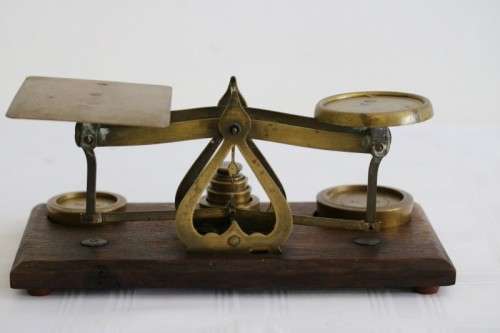 A rare antique British made Victorian brass postal scale w/ solid brass weights in amazing condition