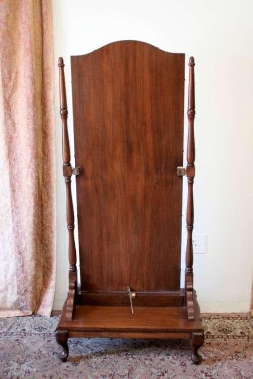 A fabulous antique full length cheval mirror on a solid Imbuia Queen Anne style footed base -RS17Bed