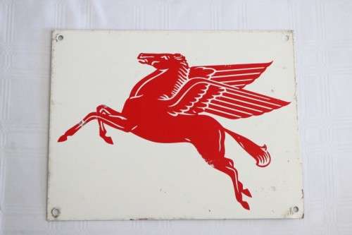 An amazing vintage red and white silkscreen Mobil Petroleum and Gas "Pegasus" flying horse wall sign