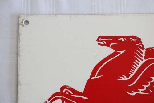 An amazing vintage red and white silkscreen Mobil Petroleum and Gas "Pegasus" flying horse wall sign
