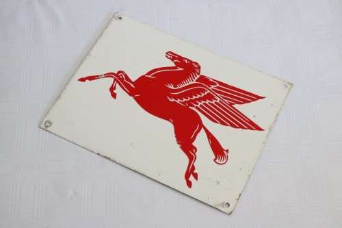 An amazing vintage red and white silkscreen Mobil Petroleum and Gas "Pegasus" flying horse wall sign