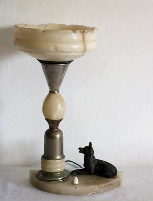 An incredible antique Art Deco marble table lamp with a bronze German Shepard dog