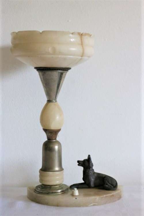 An incredible antique Art Deco marble table lamp with a bronze German Shepard dog
