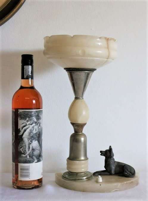 An incredible antique Art Deco marble table lamp with a bronze German Shepard dog