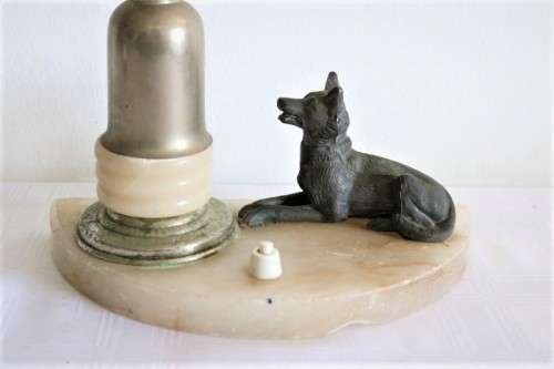 An incredible antique Art Deco marble table lamp with a bronze German Shepard dog