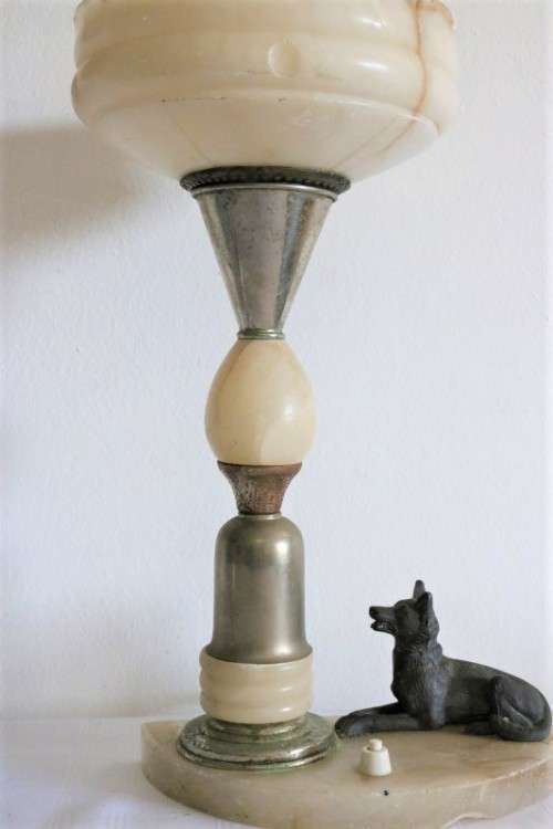 An incredible antique Art Deco marble table lamp with a bronze German Shepard dog